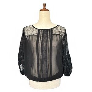 Bellatrix Black Lace Elbow Sleeve Sheer Blouse Batwing Top Medium